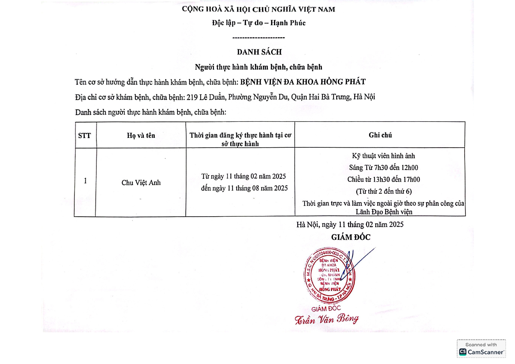 DANH SÁCH ĐĂNG KÝ THỰC HÀNH KHÁM CHỮA BỆNH TẠI BỆNH VIỆN ĐA KHOA HỒNG PHÁT