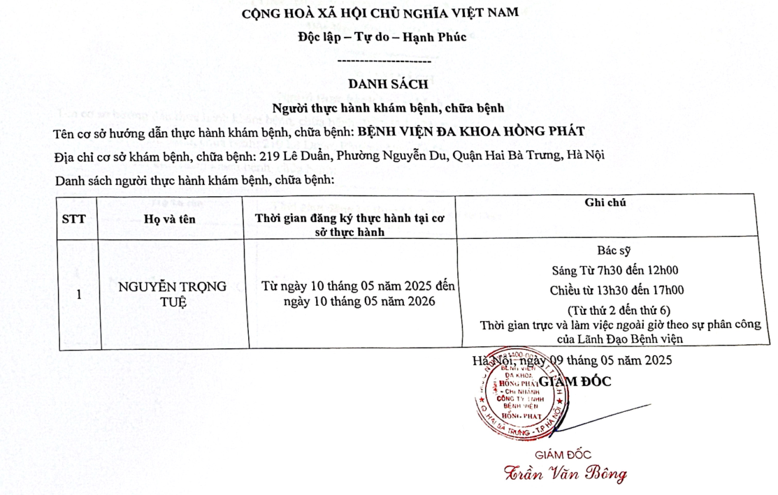 DANH SÁCH ĐĂNG KÝ THỰC HÀNH KHÁM CHỮA BỆNH TẠI BỆNH VIỆN ĐA KHOA HỒNG PHÁT