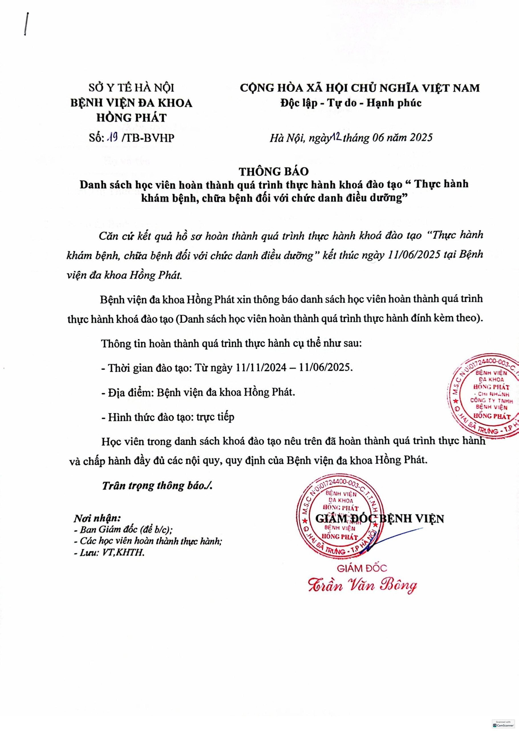 DANH SÁCH ĐĂNG KÝ THỰC HÀNH KHÁM CHỮA BỆNH TẠI BỆNH VIỆN ĐA KHOA HỒNG PHÁT