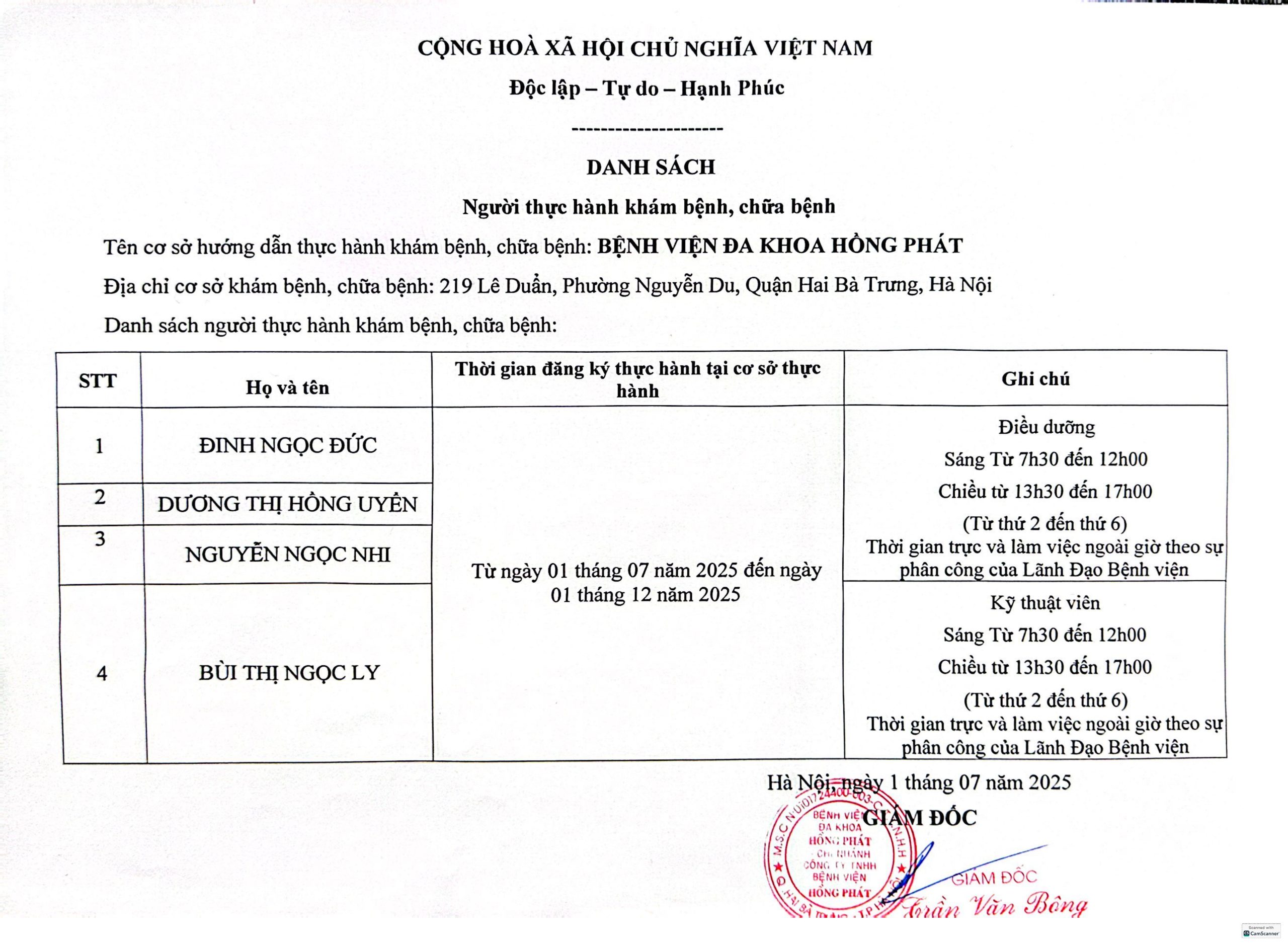 DANH SÁCH ĐĂNG KÝ THỰC HÀNH KHÁM CHỮA BỆNH TẠI BỆNH VIỆN ĐA KHOA HỒNG PHÁT